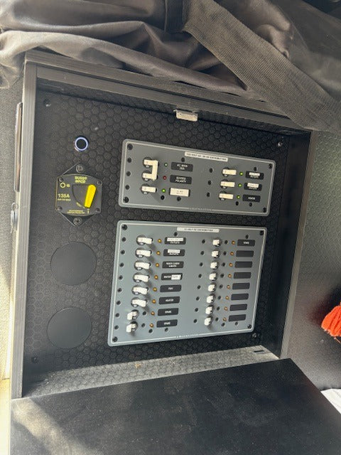 RV rental's main electrical panel displays comprehensive AC/DC power distribution controls, battery switch, and circuit breakers.