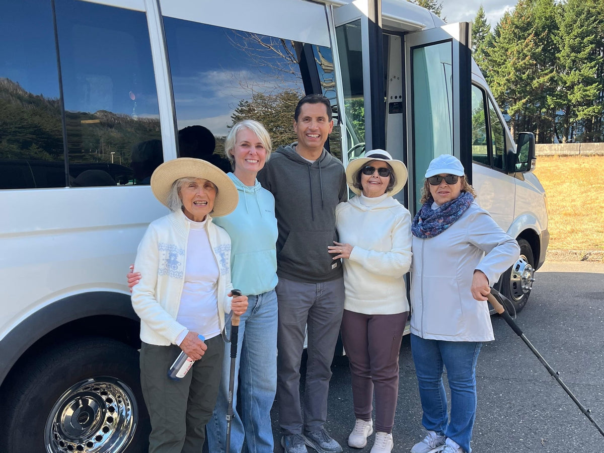  ready for adventure.|A diverse group of five smiling travelers — photo 2