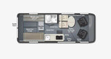 This RV rental floor plan provides an overhead view of the interior, detailing the bed, wet bath, kitchen, and dining areas.