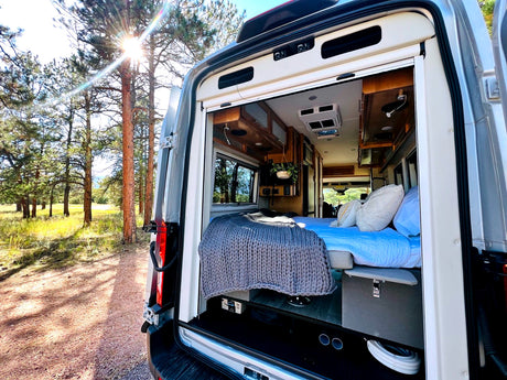 Relaxing RV rental adventure! Cozy campervan interior opens to nature, sun shining through pine trees.