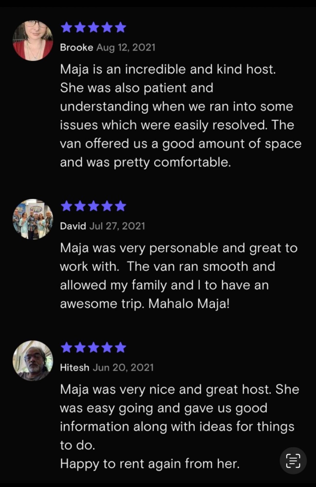 Screen capture of multiple positive customer reviews for an RV rental service, praising the host, Maja, and the comfortable van.