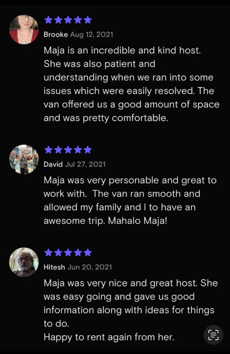 Screen capture of multiple positive customer reviews for an RV rental service, praising the host, Maja, and the comfortable van.