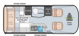 RV rental floorplan shows a compact living space: 70"x72" electric bed, shower, fridge, storage, & swivel chairs.