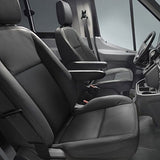 RV rental interior features comfortable black driver and passenger seats, ideal for comfortable travel.