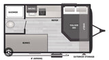 RV rental floor plan: full-size bed, bunks, shower, toilet, microwave, refrigerator, 8' awning, and exterior storage spaces.