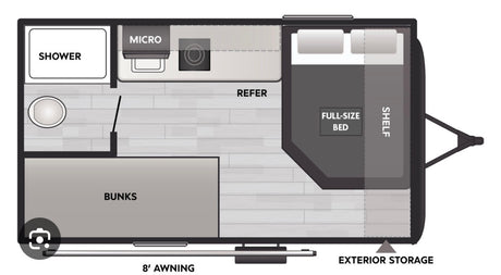 RV rental floor plan: full-size bed, bunks, shower, toilet, microwave, refrigerator, 8' awning, and exterior storage spaces.
