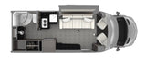 Explore this RV rental's interior floorplan: overhead view revealing kitchen, bathroom, sofa, and front cab seats for a motorhome.