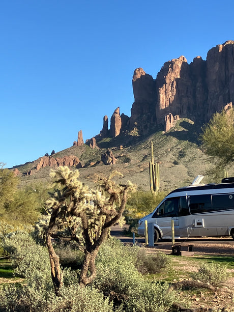 An RV rental is perfectly nestled in a desert camp, featuring majestic mountains, saguaro & cholla cacti under a clear blue sky.