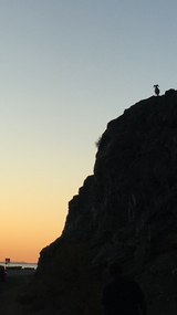 Bighorn sheep at sunset from an RV rental trip. Majestic silhouette atop a mountain, overlooking coastal views.