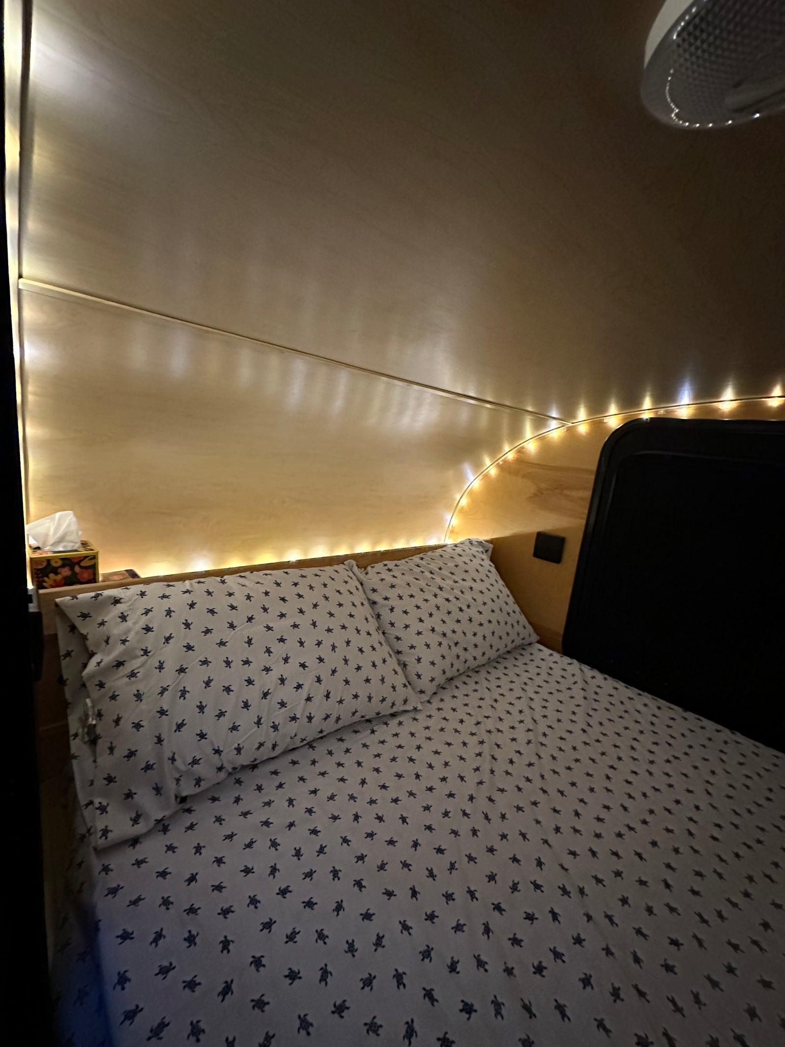 Cozy RV rental bed with turtle sheets and ambient string lights for a comfortable, inviting sleeping space.