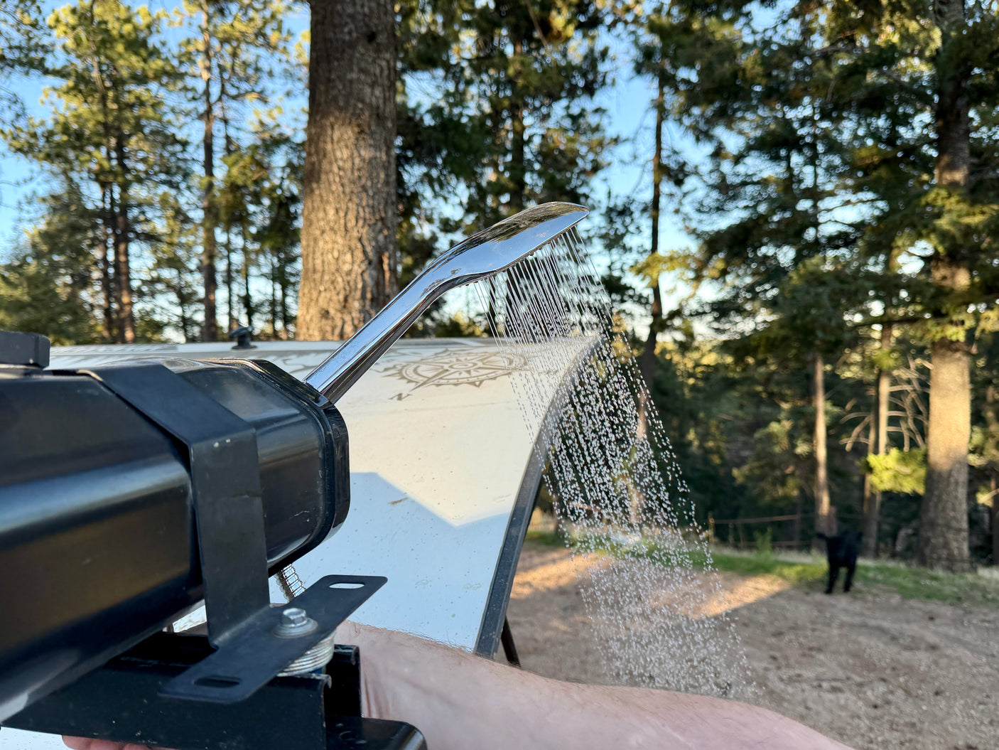 An RV rental provides a refreshing outdoor shower among pine trees. Water streams, with a compass decal on the vehicle and a distant dog.