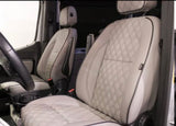 Premium diamond-quilted front seats and spacious cabin details of an RV rental, designed for ultimate comfort.