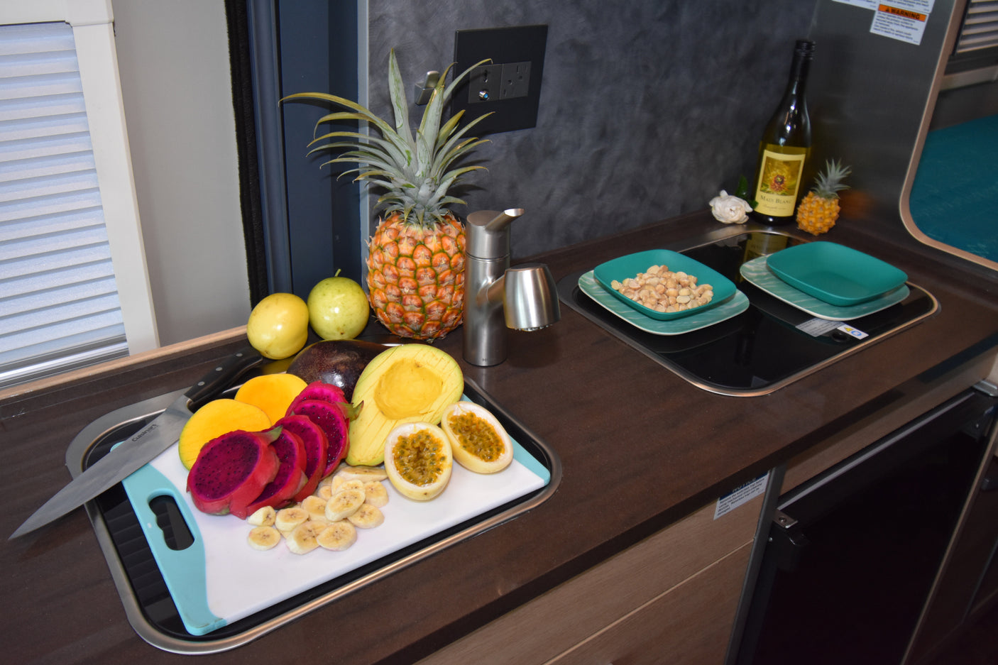 Fresh tropical fruits like pineapple, mango, and nuts in this compact RV rental kitchen, ideal for healthy travel meals.