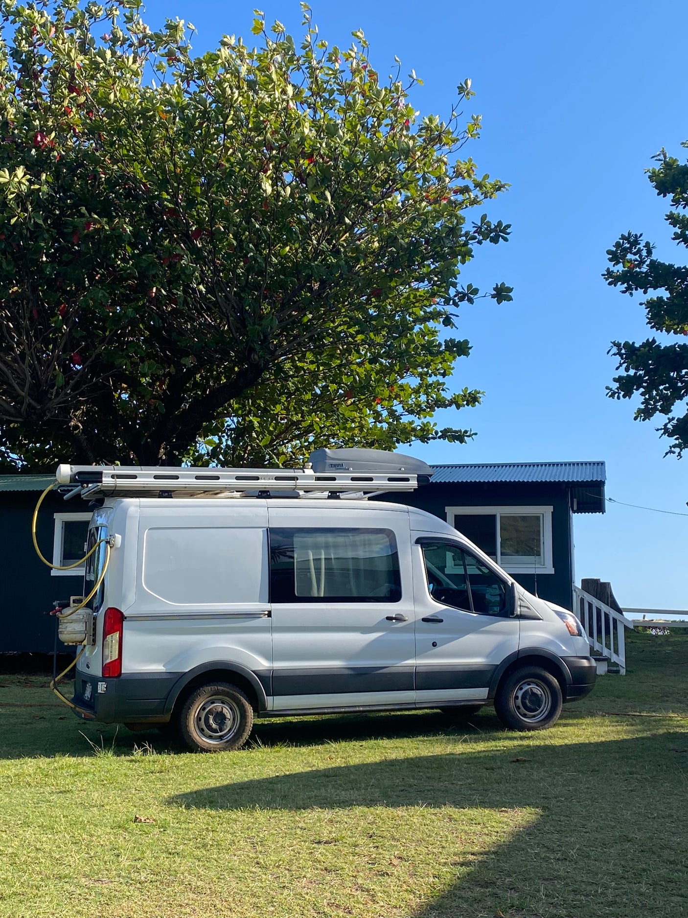 White Ford Transit rv rental camper van parked on green grass. A house and large tree are behind it under a blue sky.