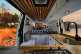 Modern rv rental interior features a slatted wood ceiling, built-in kitchen with sink & stovetop, a comfy bed, and nature views.