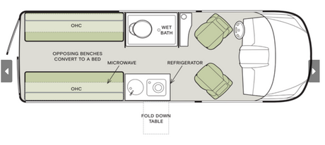 RV rental campervan layout: rear convertible bed, wet bath, kitchen w/ microwave, fridge, and front swivel seats.