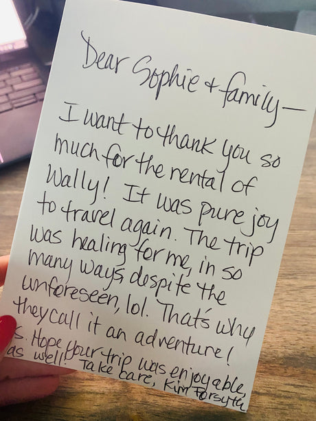 A handwritten thank-you note for an RV rental. The sender, Kim, describes her trip as joyous, healing, and an adventure.