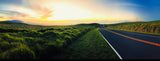 A panoramic shot of a smooth road winding through green, rolling hills under a vibrant sunset sky. Ideal for your RV rental road trip.