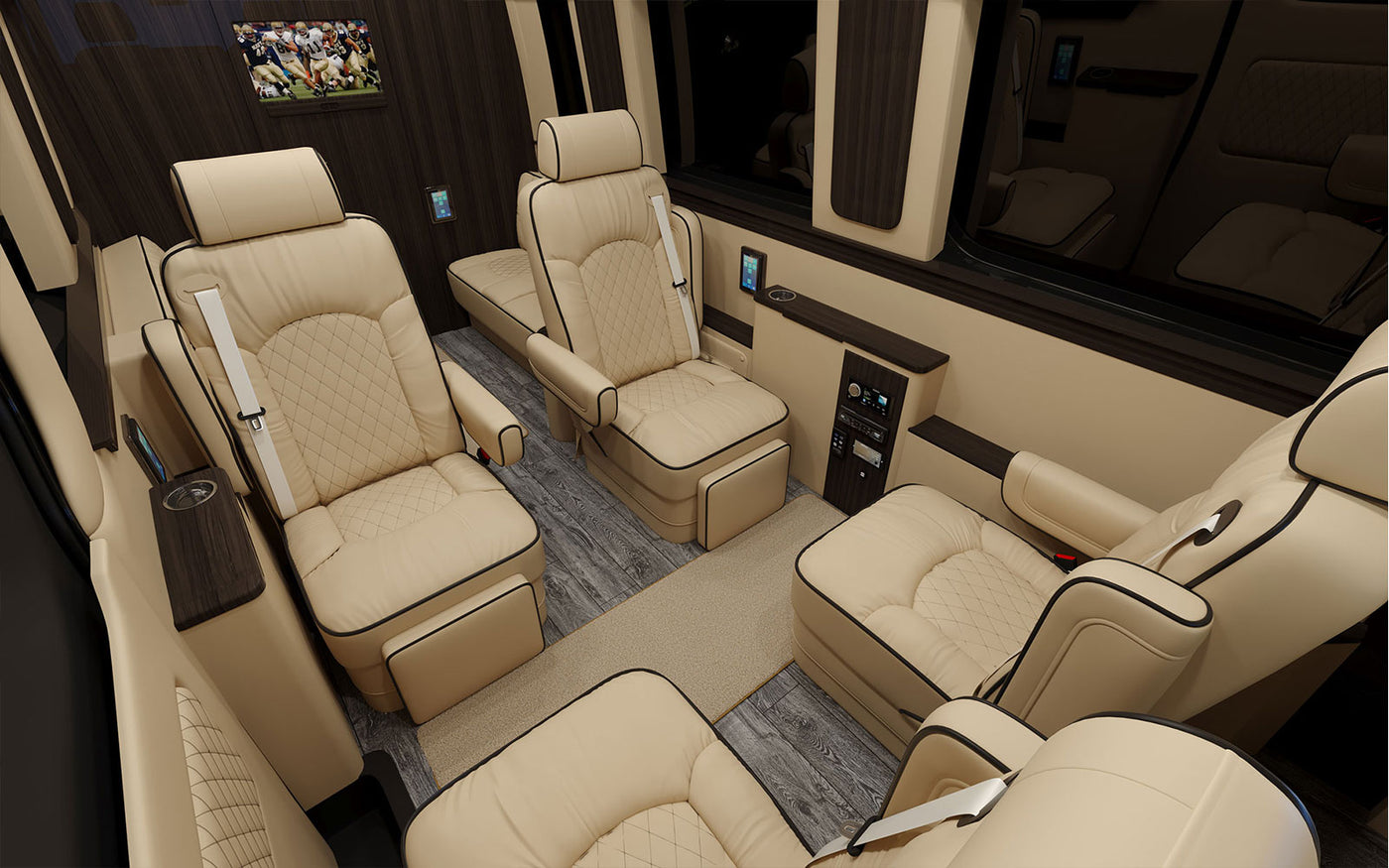  and an entertainment screen for comfort.|Explore in comfort! This luxurious RV rental interior boasts plush seating — photo 11