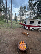 Cozy outdoor RV rental campsite with a warm fire pit, relaxing hammock, and a dog enjoying nature.