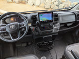 Modern RV rental dashboard interior, featuring a digital cluster, steering wheel, and navigation display.