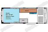 RV rental floor plan: queen bed (60x80) with storage, bench, fridge, sink, and front seating in a camper van.