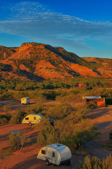 RV rental trailers parked at a scenic mountain campsite, glowing in golden light. Ideal for a nature getaway.