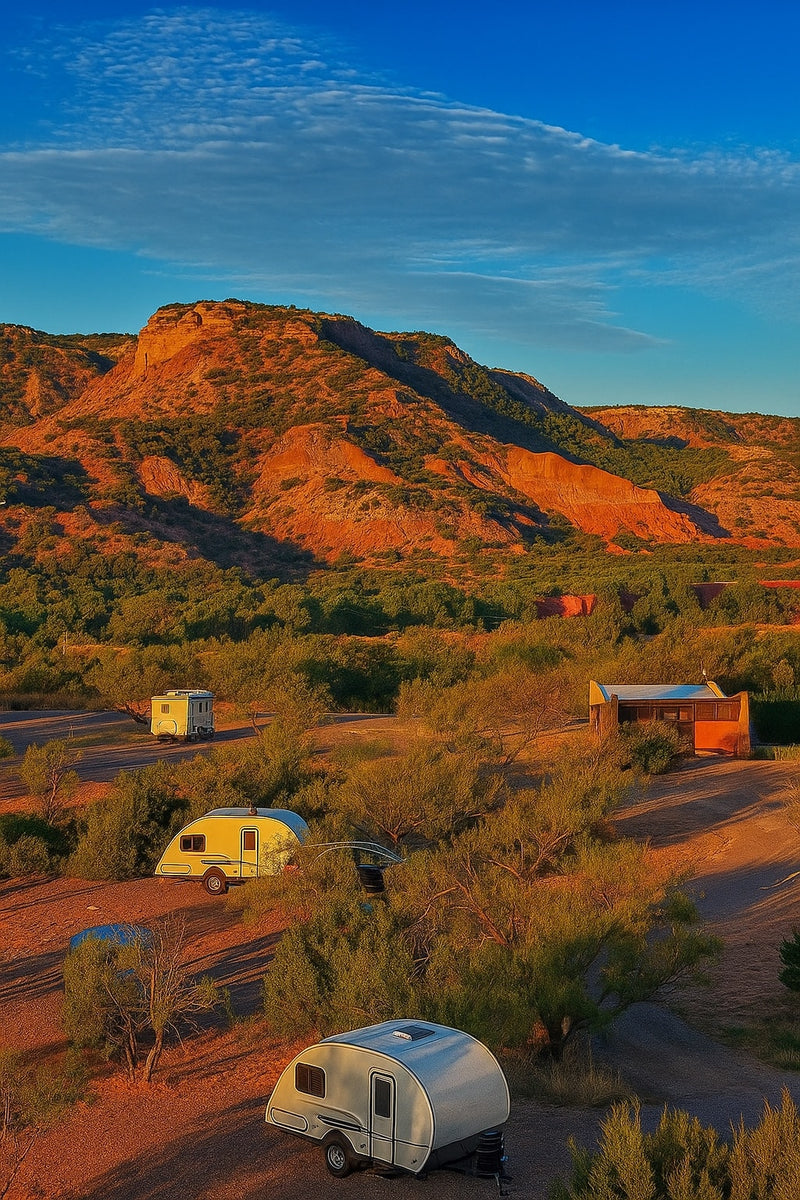 RV rental trailers parked at a scenic mountain campsite, glowing in golden light. Ideal for a nature getaway. — photo 7