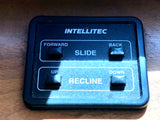 Intellitec power seat control in an RV rental, showing buttons for SLIDE (forward/back) and RECLINE (up/down) functions.