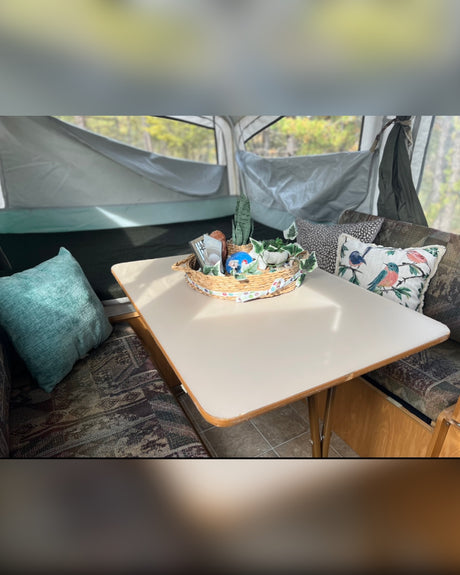 Cozy RV rental interior with dining area, comfy cushions, and nature views from a pop-up camper setup.