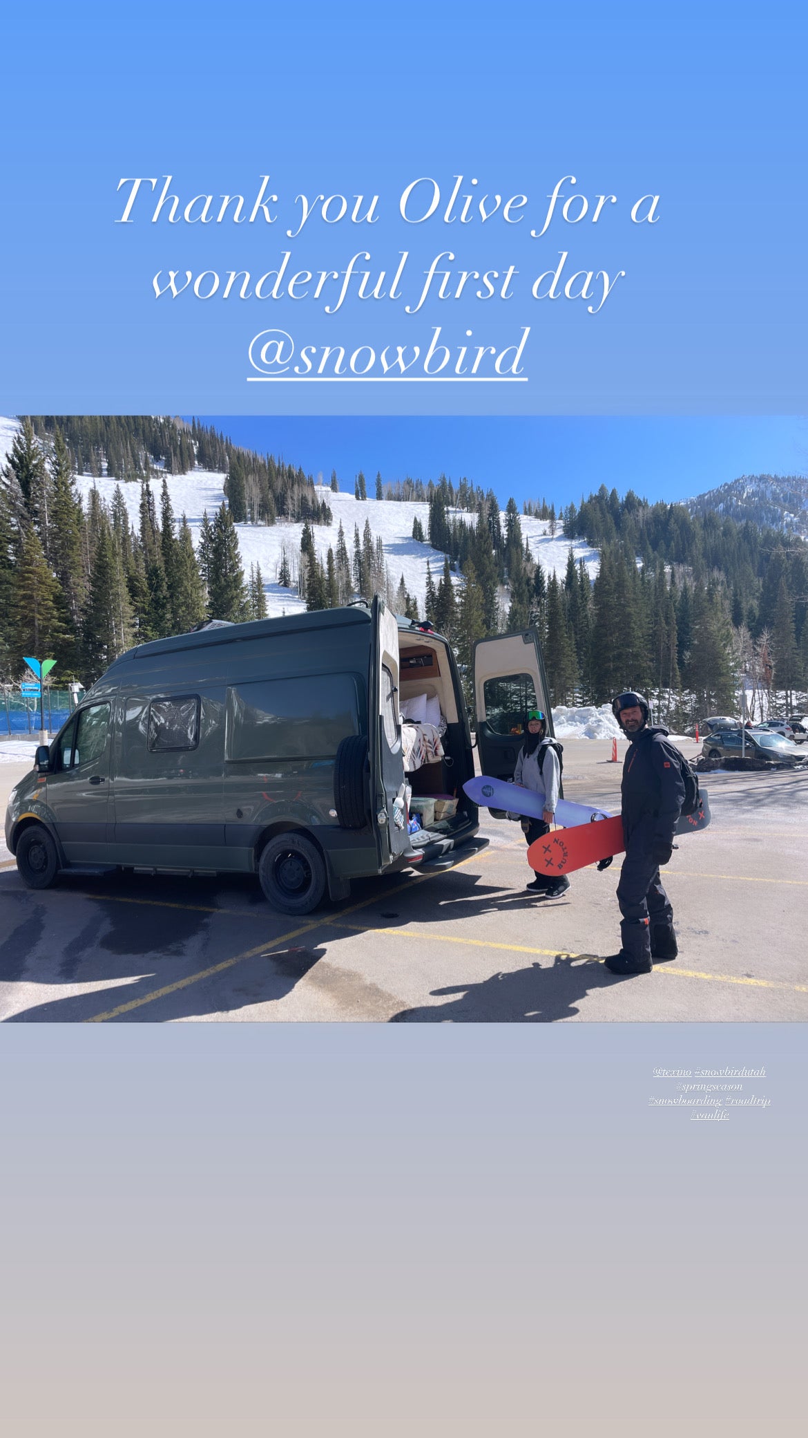 Snowboarders load their RV rental van at Snowbird ski resort, ready for a day on the slopes. #vanlife #snowboarding