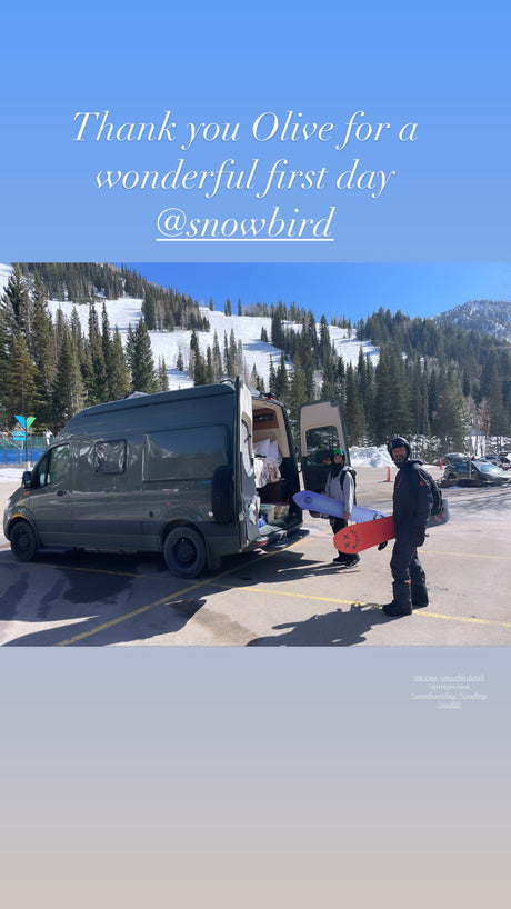 Snowboarders load their RV rental van at Snowbird ski resort, ready for a day on the slopes. #vanlife #snowboarding