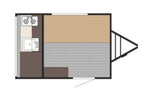 RV rental floor plan: compact camper layout with kitchen (sink, stovetop), bed/seating, and main area.
