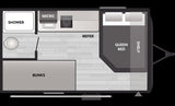RV rental floor plan featuring queen bed, bunks, kitchen, and shower.