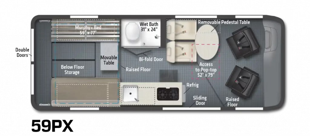 This 59PX RV rental floor plan features a convertible bed, wet bath, galley kitchen, and dinette with access to a pop-top.