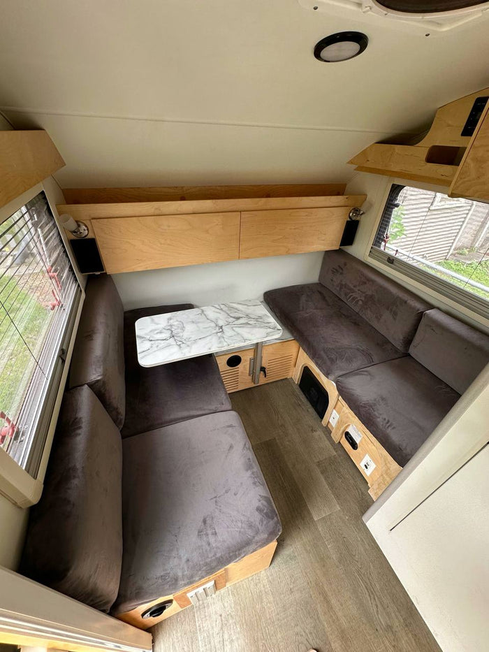  ready for travel.|A compact rv rental: Teardrop travel trailer with open outdoor kitchen