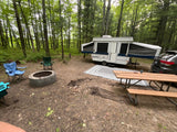 Spacious forest campsite with an RV rental, picnic table, fire pit, and chairs. Perfect nature escape.