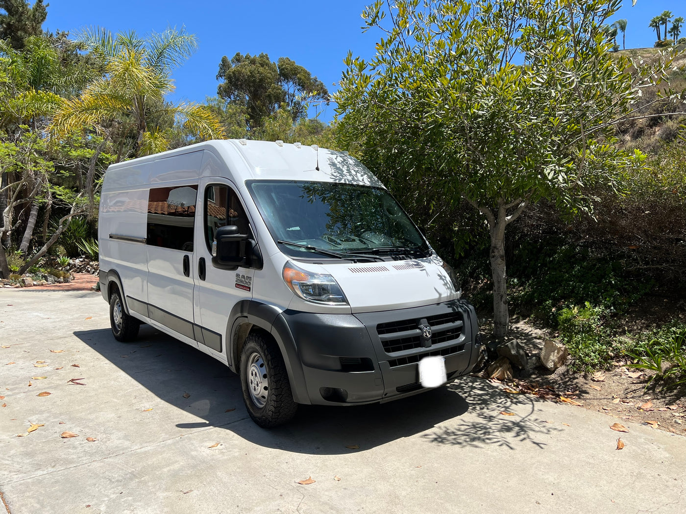 White ProMaster van for RV rental, parked outdoors on a sunny day with trees and foliage in the background. — photo 2