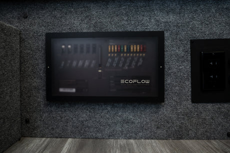 RV rental interior: An Ecoflow AC/DC Smart Distribution Panel for power management, alongside an electrical outlet.