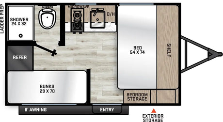 Compact RV rental travel trailer floor plan. Features a bed (54x74), bunks (29x70), kitchen, and full bathroom.