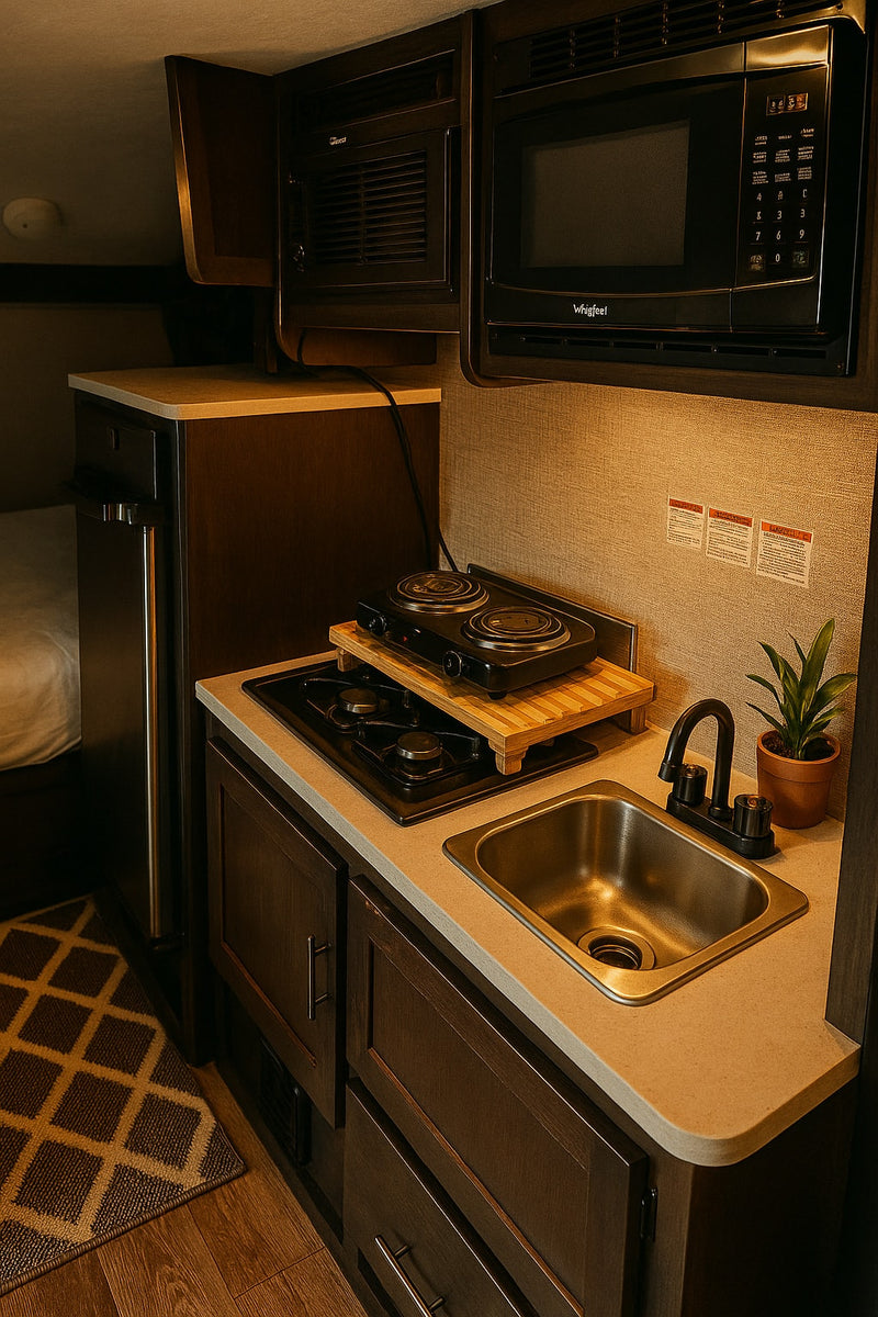 Step into this modern RV rental kitchen. Features include microwave, dual cooktops, sink, and compact fridge. — photo 6