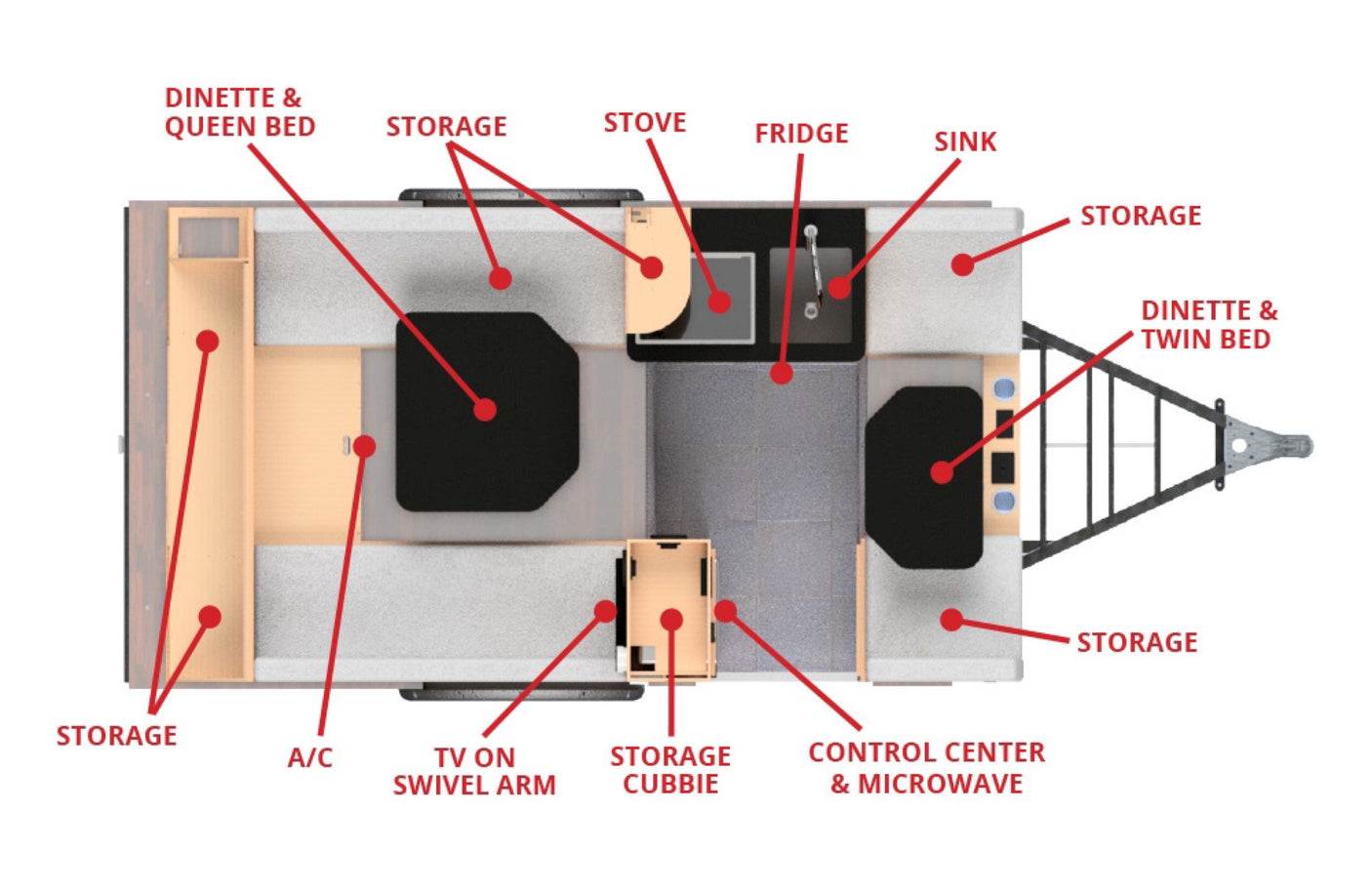 RV rental floor plan view: Explore the interior layout, featuring dinette beds, kitchen, storage, and key amenities.