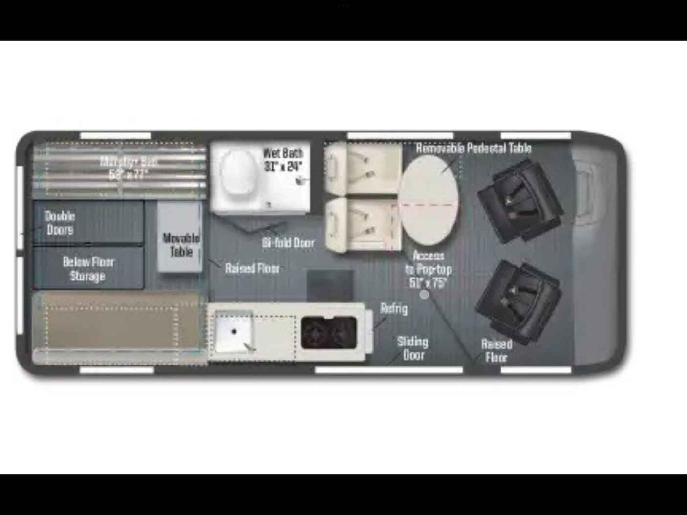 This RV rental floor plan displays a compact campervan layout with bed, wet bath, kitchen, and seating for comfortable travel.