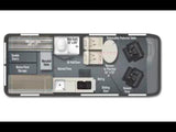 This RV rental floor plan displays a compact campervan layout with bed, wet bath, kitchen, and seating for comfortable travel.