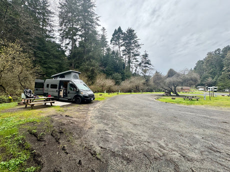 A gray RV rental camper van with pop-top extended at a muddy campsite with picnic table and tall trees.