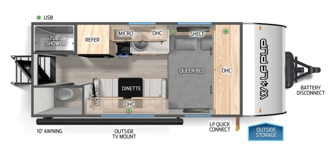  ready for adventure.|RV rental floor plan: A top-down view of a travel trailer's interior layout with a queen bed — photo 2