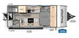 RV rental floor plan: A top-down view of a travel trailer's interior layout with a queen bed, kitchen, and dinette.