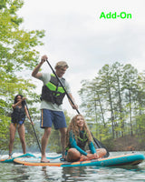 Three people, two adults and a child, enjoy paddleboarding on a lake. Perfect outdoor recreation for your RV rental getaway!