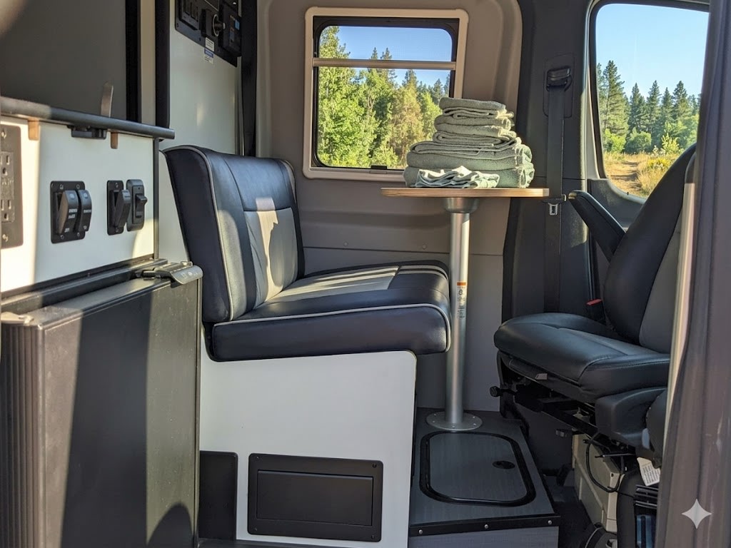  parked in a sunny clearing.|RV rental interior: driver/passenger seats — photo 3