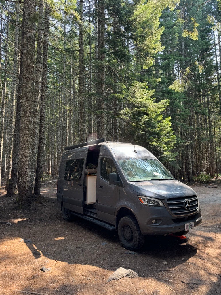 Grey camper van, side door open, parked on a dirt road in a sunny forest. Great for an RV rental adventure!